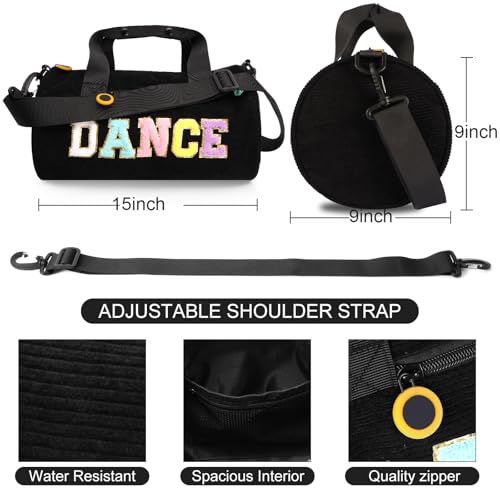 Image of Dance Ballet Bag for Girls Sport Gym Duffle Bags Overnight Travel Bags Fun Dance Corduroy Chenille Letter Bag for Dancers (Black)