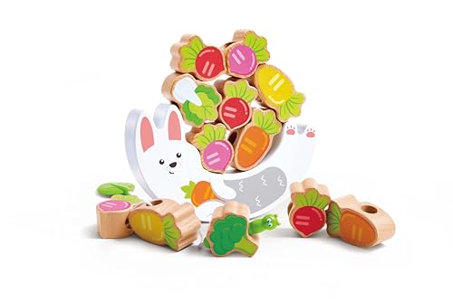 Hape Wooden Bunny Balance & Threading Toy - 2-in-1 Vegetable Stacking Blocks and Lacing Game for Early Cognitive Development - Durable Beech Wood Construction for Kids