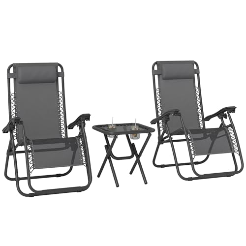 Image of Outsunny Folding Zero Gravity Chairs, 3 Pieces Adjustable Sun Lounger and Table Set with Cup Holder and Headrest, Patio Bistro Set with Reclining Garden Chairs for Outdoor, Dark Grey
