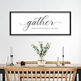 ZZJJHYWGQ Gather Here With Grateful Hearts Sign Rustic Farmhouse Wall Art 32'×12' For Dining Room kitchen Family Gathering Thanksgiving Decor Minimalist Large Wooden Framed Hanging Art (Black)