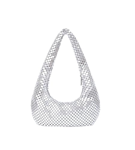 Image of Sweetovo Sequin Evening Bag, Sparkling Hobo Clutch Underarm Purse Women | Aluminum sequin mesh, zipper closure and underarm hobo shape hold phone, keys and makeup for clubs, proms and weddings