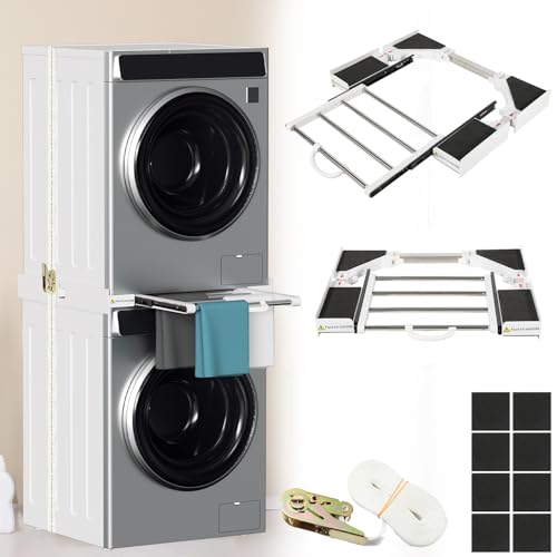 Ollewiellan Telaio intermedio con filo per biancheria, telaio di collegamento per lavatrice, universale, con portasciugamani estraibile, dimensioni regolabili da 54 a 73 cm, nero