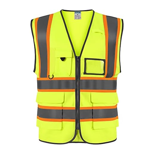 SHORFUNE High Visibility Safety Vest with Pockets, Mic Tab, Reflective Strips and Zipper, ANSI/ISEA Standards,Yellow,L