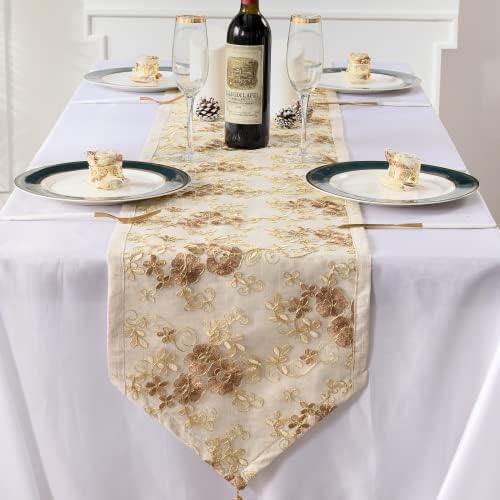 Sylvia Wu Rustic Farmhouse Style Linen Gold Table Runner, Spring Boho Lace Embroidered Table Runners 90 Inches Long for Holiday Party, Wedding, Home Kitchen Dining Table Decor 14 x 90 inch