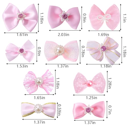 20 PCS Cute Dog Hair Bows with Rubber Bands Elastic Handmade Mix Style Lace Rhinestone Pearls for Furry Puppy Cat Pet Girl, Pink - Image 3