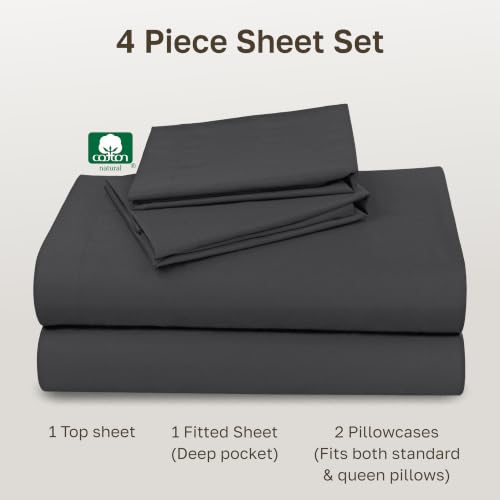 Image of California Design Den Queen Sheet Set - Natural 100% Cotton Sheets Queen Size Bed Set with Deep Pockets, Soft Sateen Weave, Breathable and Durable Bedding Dark Grey (Black Tone)