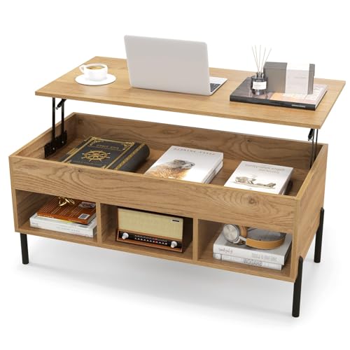 LIFEZEAL Mesa de Centro con Tablero elevable y 3 Compartimentos, Espacio de Almacenamiento Oculto, Moderna Mesa de café de Madera con 4 Patas robustas, 100x50x59,5cm