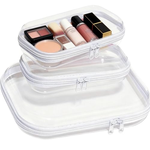PGAXM 3PCS Clear Hard Plastic Zipper Case, Double Zippers Hard Pouch, Portable Travel Organizer Bin Clear Makeup Bag for Toy Storage, Snack Bag, Cosmetics, Diaper Bag, Toiletry Bag (1M+2S)