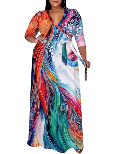 Image of SUZONANA Plus Size Maxi Dresses for Curcy Women Casual Loose 3 /4 Sleeve Long Dress with Belt