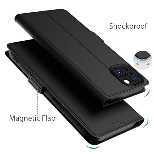 Image of Kapa Noble Slim Magnetic Leather Flip Case Cover for Apple iPhone 15 | Card Holder Stand Leather Flip Wallet Case (Black)