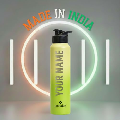 Image of Speedex Customised Stainless Steel Water Bottle 1 Ltr with Name - Personalised Engraved Sipper Cap Bottle for Kids, Men & Women, School, Gym, Office Lime Green, Set of 1