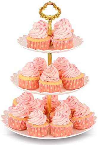 NWK Large 3-Tier Cupcake Stand 10.9Inch Plastic Serving Tray for Wedding Birthday Summer Baby Shower Graduation Tea Party (White Gold, 1)