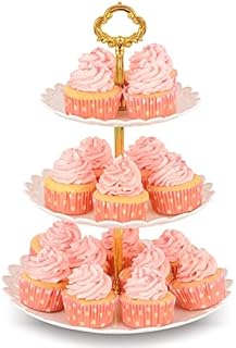 NWK Large 3-Tier Cupcake Stand 10.9Inch Plastic Serving Tray for Wedding Birthday Summer Baby Shower Graduation Tea Party (White Gold, 1)