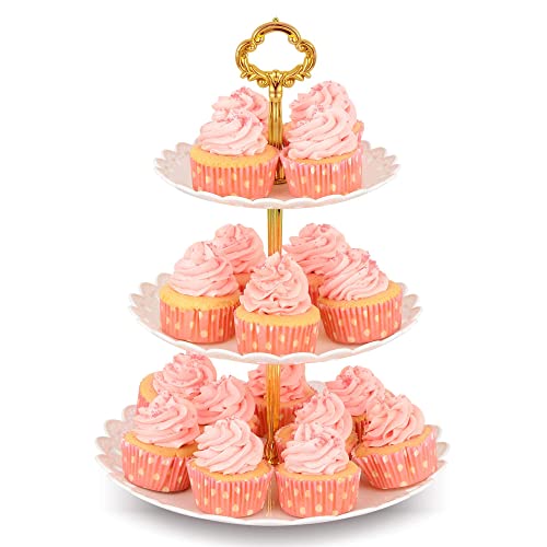 NWK Large 3-Tier Cupcake Stand 10.9Inch Plastic Serving Tray for Wedding Birthday Baby Shower Summer Autumn Halloween Party (Gold) by NWK - Used condition - US$11.76