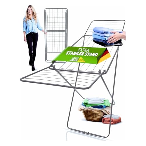 STAHLMANN ® Wäscheständer [18 m Trockenfläche] - Wäscheständer (Silber) platzsparend mit rutschfesten Füßen - Klappbarer Flügelwäscheständer - Wäschetrockner (Silber)