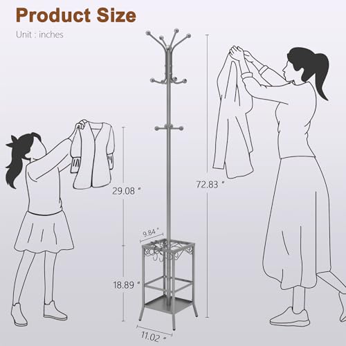 Hoctieon Coat Rack Freestanding With Umbrella Holder, Metal Coat Tree With 12 Hooks, Standing Hanger for Entryway, Hat Rack for Home Office, Gray
