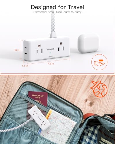 Flat Extension Cord 3 feet, Flat Plug Power Strip, 4 Widely Outlets with 3 USB Ports (2 USB C), 3 Side Outlet Extender with Extension Cord with Multiple Outlets for Home, Office, Dorm Room Essentials