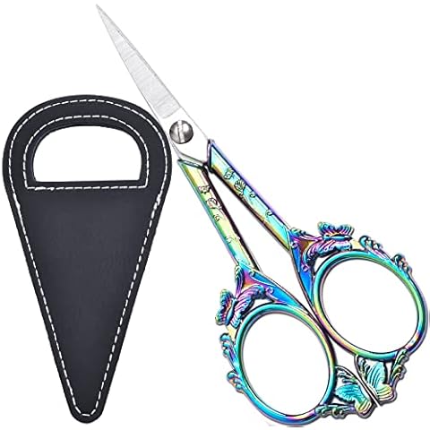 HITOPTY Small Embroidery Scissors, 4.7in Detail Cross Stitch Shears Rainbow Vintage Sharp Craft Scissor for Sewing Crochet Art Needlework Yarn Thread Snips Handicrafts Tools W/ Black Case Cover