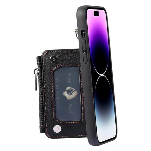 Wallet Case for iPhone 15 Pro Max/15 Plus/15 Pro/15, RFID Blocking Card Case with Wrist Strap, Zipper Leather Handbag (Color : Black, Size : 15Plus)4