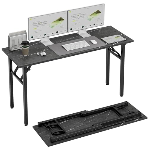 Image of TEMI Small Computer Desk Folding Table - 55.1 inch Foldable Office Desk, No Assembly, Perfect for Small Spaces in Bedroom, or Apartment, Portable Mini Desk or Study Table Compact Design, Marble Greige