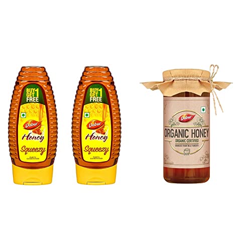 Image of DABUR Honey :100% Pure World'S No.1 Honey Brand With No Sugar Adulteration, Squeezy Pack 400Gm (Pack Of 2) & Organic Honey | 100% Pure And Natural | NPOP Organic Certified 300Gm