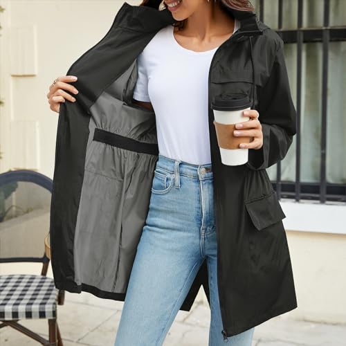 Zando Packable Rain Jacket Women Waterproof Long Rain Coat Lightweight with Hood Windbreaker Jackets Outdoor Trench Coat3