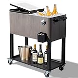 VINGLI Patio Cooler with Bottler Opener, 80 Quart Backyard Party Outdoor Cooler with Cap Catcher, Portable Ice Chest with Wheels for Patio, Gray