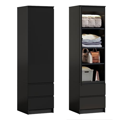 Wumagin Armoire de Chambre 180 cm, Armoire 1 Portes avec 2 Tiroirs, Meuble de Rangement pour Chambre Adulte, Dressing Rangement Placard (Noir)
