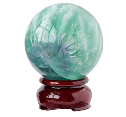 Crystal Decorative Ball Feather Fluorite Stone Polished Round Crystals with Wooden Stand Living Room Home Decor,6~7cm