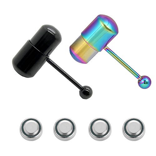 Adecco LLC 2PCS 14g Gauge Vibrating Tongue Ring Stainless Steel Body Piercing Barbell Stud Kit With 4 Free Batteries(rainbow & black)