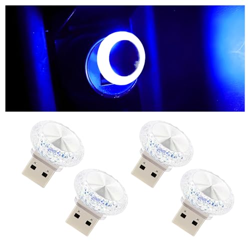 Hovom 4PCS USB LED Car Interior Atmosphere Lamp, Portable Mini Car LED Night Light Decoration, Plug-in USB Automotive Ambient Lighting Kit, Universal for Cars SUVs Trucks RVs (Blue)
