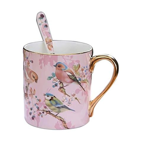 YBK Tech Bone China Porcelain Tea Cup Coffee Mug for Home Kitchen Office - Birds Patterns (Pink) Cover