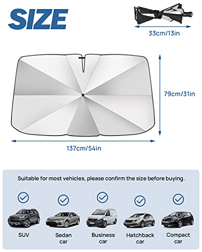 Joytutus Windshield Sun Shade Umbrella, With Car Safety Hammer, 360° Rotation Bendable Shaft Foldable, For Suv, Automotive Interior Sun Protection, Uv Rays Block, Easy To Store And Use, 54''X 31'' #TOP4