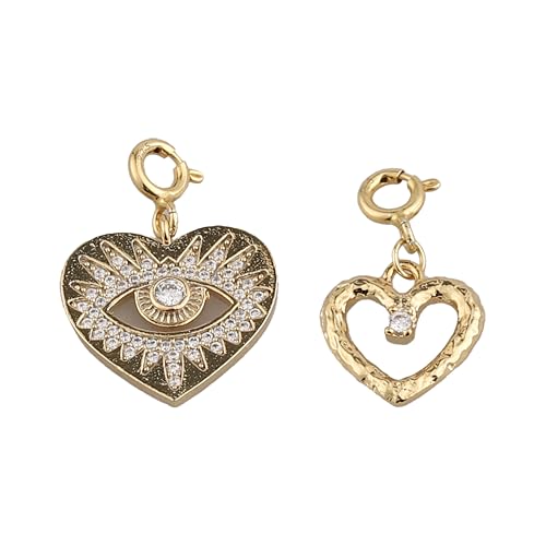 BY UNIKAT 14K Gold Plated Heart Pendant Charm Set for Women, Spring Ring Clasps Attachments, Pavé Eye & Textured Organic-Shape Heart Charm – Add-On Charms for Necklaces and Bracelets (2 Pieces)