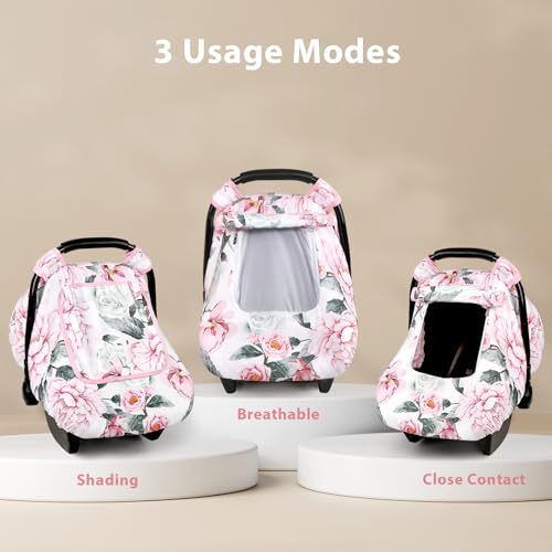 Image of Pea Pod Car Seat Cover for Baby Girls, Floral Infant Car Seat Canopy Cover for Newborn, with 2 Layers Windows of Breathable Mesh /Fabric, 3D Minky Dot Backing, Ultra Soft & Comfortable