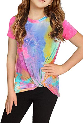 Ecokauer Girls Casual Tunic Tops Tie Dye Short Sleeve Loose Soft Girls' Tops, Tees & Blouses For Children T-Shirt With Knot Front Tees Size 8-9 Multicolor Rose #TOP13