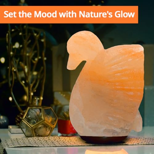 Image of Swan Shaped Salt Rock Lamp - Authentic Himalayan Salt Lamp Comes with a Wooden Base - Hand Carved Premium Finish, Amber