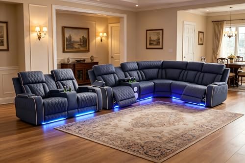 Image of Leather Power Recliner Sectional Sofa Set with LED, Sanded Leather Reclining Corner Couch & Loveseat, L-Shaped Recliner Sofa Power Loveseat with Bass Speakers for Living Room