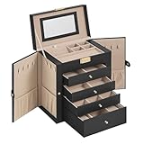 SONGMICS Caja Joyero de 5 Niveles, Caja para Joyas con 4 Cajones, Gran Espacio, Interior con Espejo, Cerradura, Almacenaje de Joyas, Regalo para Seres Queridos, para Relojes, Negro Tinta JBC153BZ02