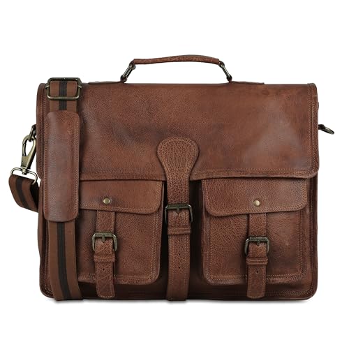 Image of Leather briefcase 18 inch laptop messenger bag for men and women best satchel office bag
