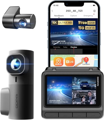 DDPAI Z60 Câmera Veicular 3 Canais, 4K+ 2K+ 1080P, WiFi 5GHz com GPS, 32G eMMC D²Save,Tela IPS de 3