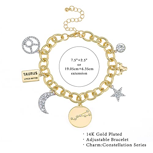 Madison Tyler Personalization Collection Gold Plated And Sliver Two-Tone Taurus Zodiac Constellation Symbol, Name Plate, Moon, Constellation, Star, And Stone Charm Chain Bracelet For Women Gifts #TOP6