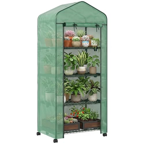 Outsunny Gewächshaus mit Rolle, Regale, Winterfest Foliengewächshaus aus Stahl, Treibhaus für Balkon, Garten, Tomatenhaus 69 x 50 x 165 cm, Tomatengewächshaus für Tomaten, Blumen, Pflanzen, Grün