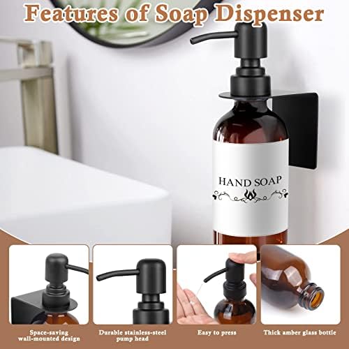 Amber Glass Bottle Wall Mounted, Soap Dispenser with Stainless Steel Pump Holder Without Drilling Waterproof Labels Adhesive, 250ml Refillable Hand and Dish Soap Bottle Shampoo for Kitchen Bathroom