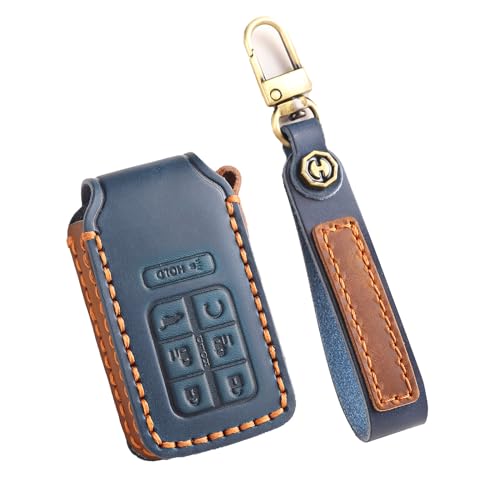 Hontumax Handmade Genuine Leather 7-Button Key Fob Cover for Honda Odyssey Minivan 2015-2023 Smart Key Case Accessories (Blue)