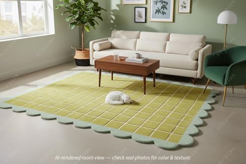 Image of Hand-Tufted 100% Wool Area Rug - 7x7 Ft, Round Mustard Yellow & Cream Checkered Grid with Sage Green Scalloped Border, Soft Cut Pile Modern Handmade Carpet for Living Room, Bedroom & Nursery