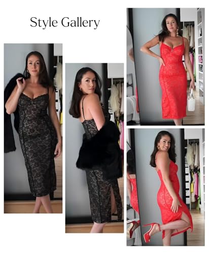 Image of Popilush Lace Corset Dress with Built in Shapewear Formal Cocktail for Women Deep V Neck Side Slit Bodycon Midi Black