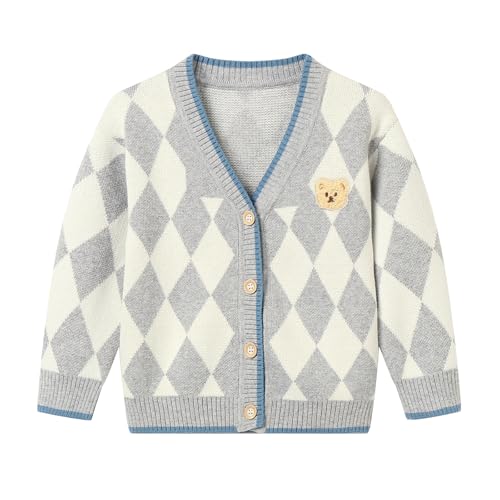Seuyae Boys Button Down Cardigan for Toddler Boy V Neck Sweater Argyle Gray 4T