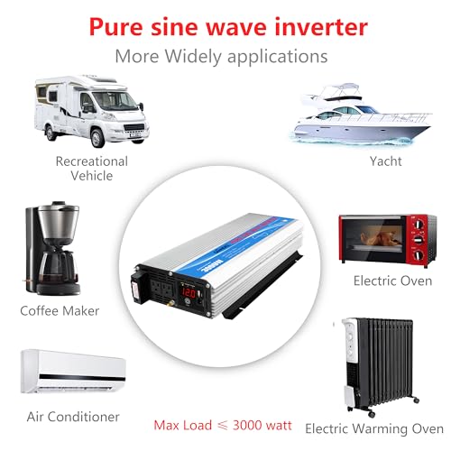 3000Watt Pure Sine Wave Inverter 3000W 12V DC to 110V 120V AC ETL Listed UL458 STD Lithium Battery Compatible with Terminal Block 40Amps and 30FT Wired Remote to Run A/C for RVs Campers,Off Grid Solar