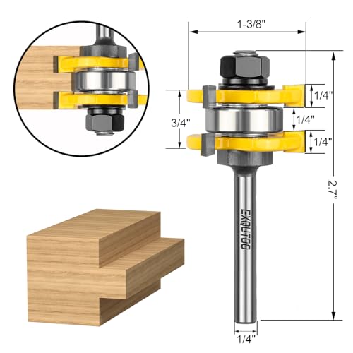 Exqutoo 2 Pieces 3 Teeth T Shape Tongue and Groove Router Bit Set 1/4 Inch Shank, Slot depth 1/4\", Slot height 1/4\",Shelves & Cabinet,Woodworking Tools (1/4 Shank)